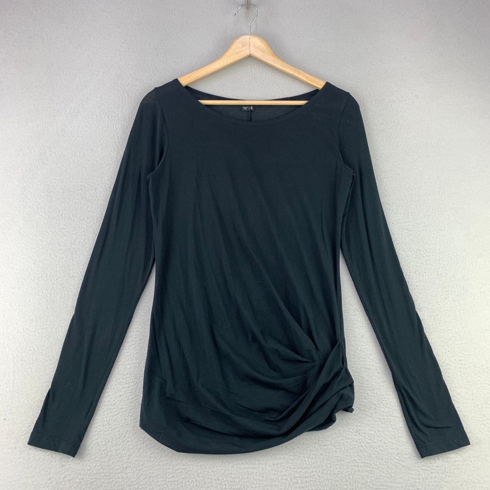 Theory Ruched Side Long Sleeve Top Women M Black Solid Cotton Blend Stretch